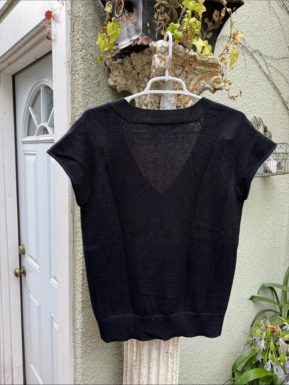 Classic Black V-Neck Short Sleeve Sweater - 50% Wool